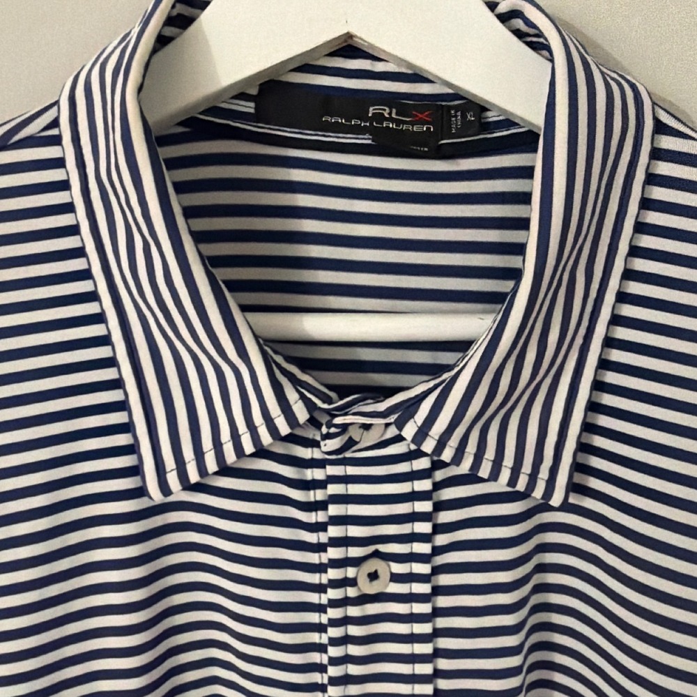 RLX Ralph Lauren Mens XL Golf Polo Shirt Navy Blue White Striped Performance